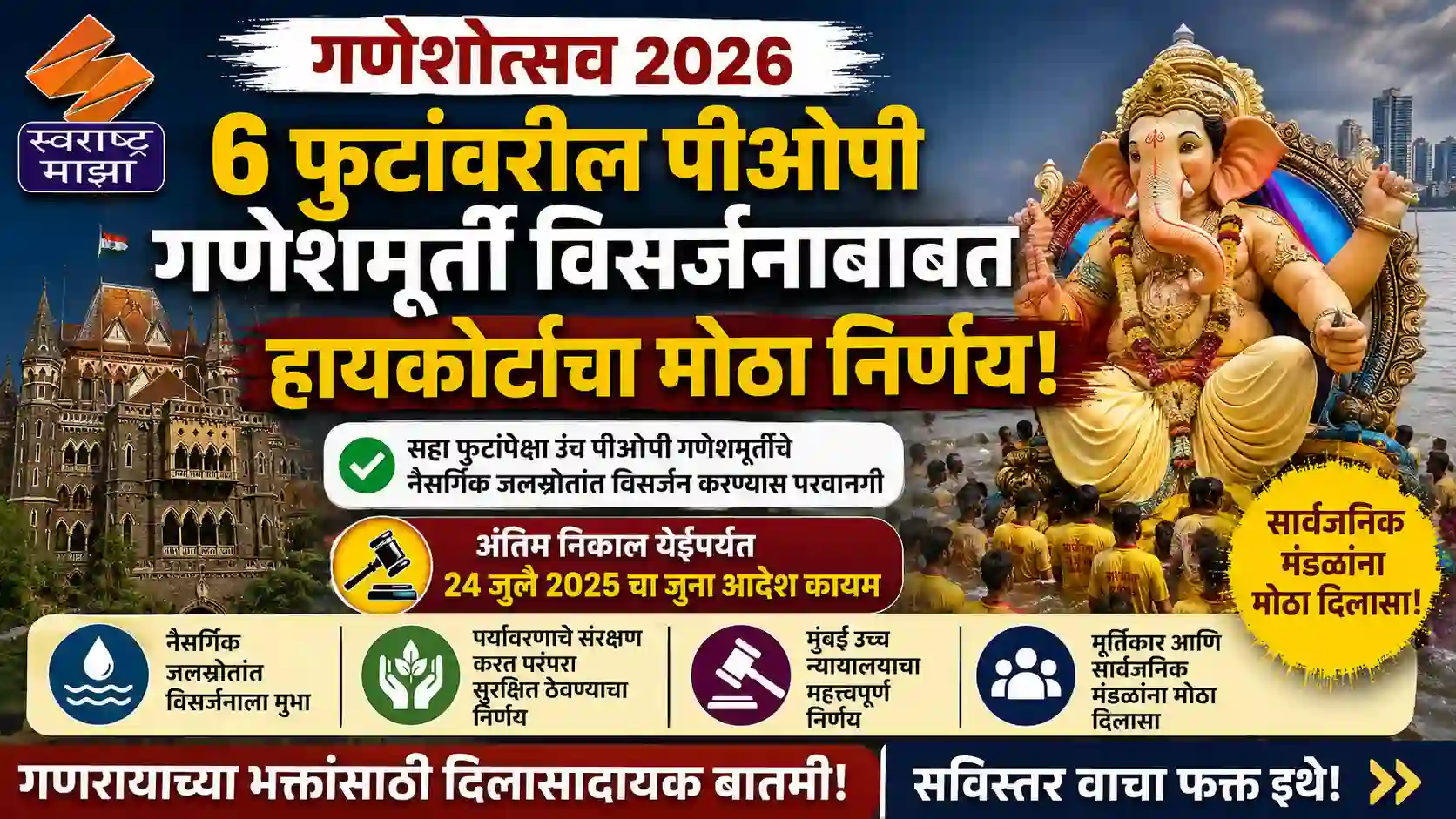 गणेशोत्सव 2026: 6 फुटांवरील पीओपी गणेशमूर्ती विसर्जनाबाबत हायकोर्टाचा मोठा निर्णय